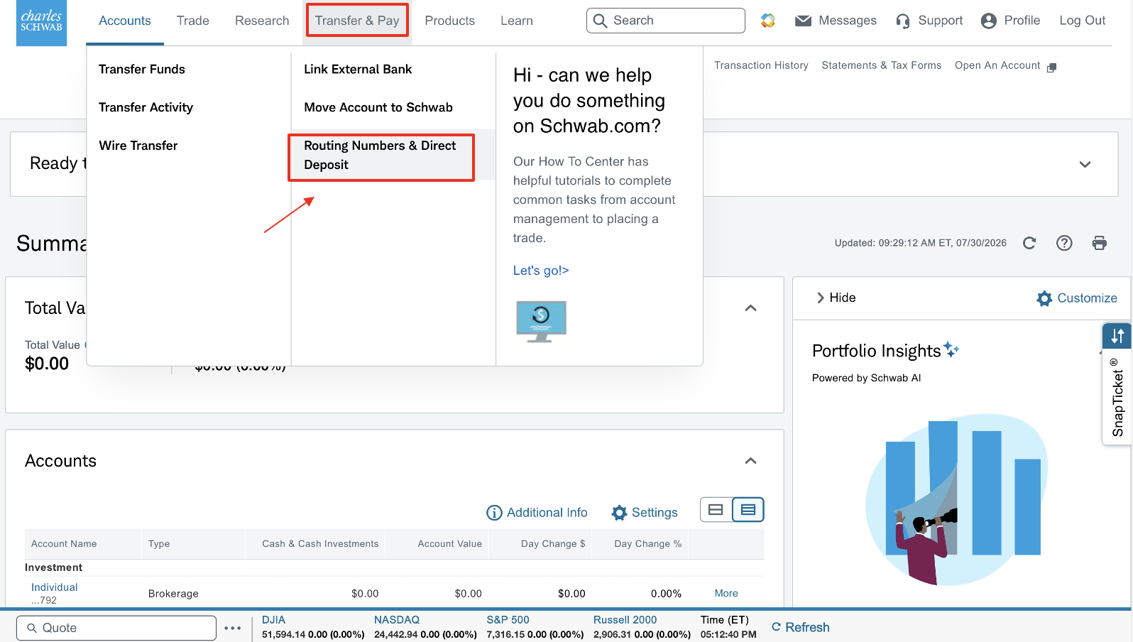 Routing numbers and direct deposit menu