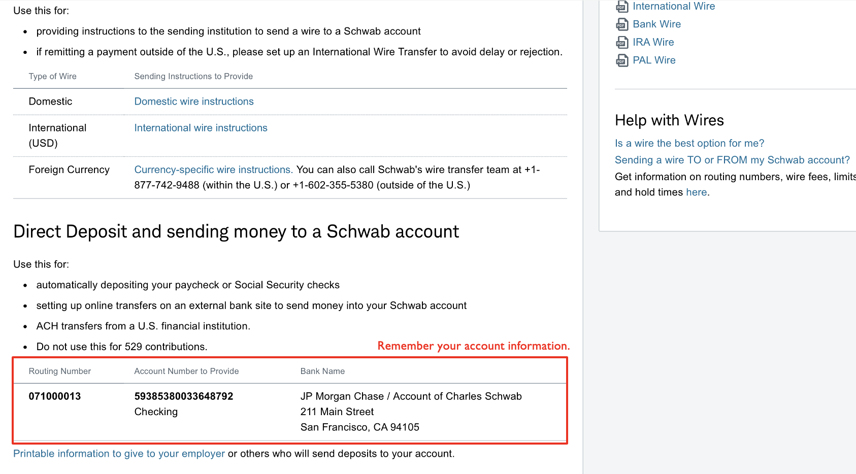 Charles Schwab account deposit information