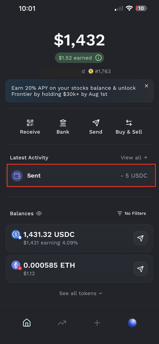 View transfer details on the Fluidkey homepage