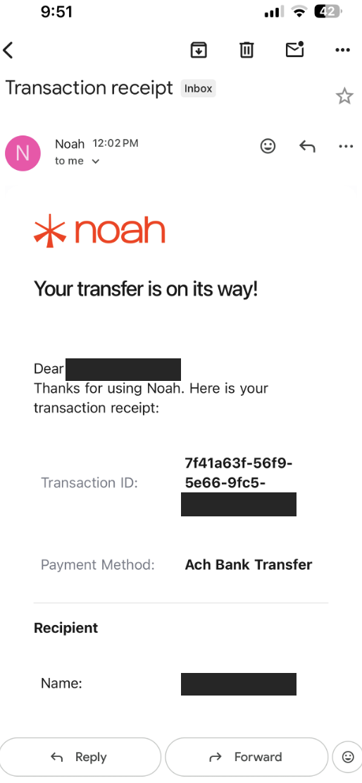 Transaction notification from Noah