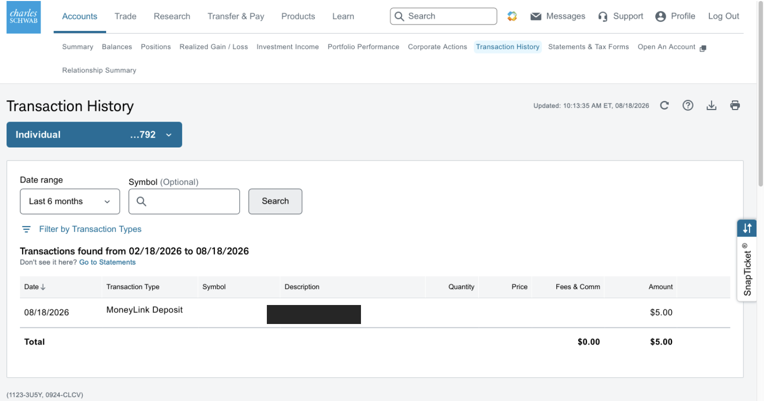 Transaction history showing the completed deposit