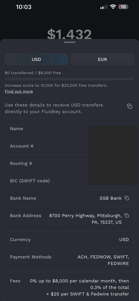 Fluidkey Bank account details
