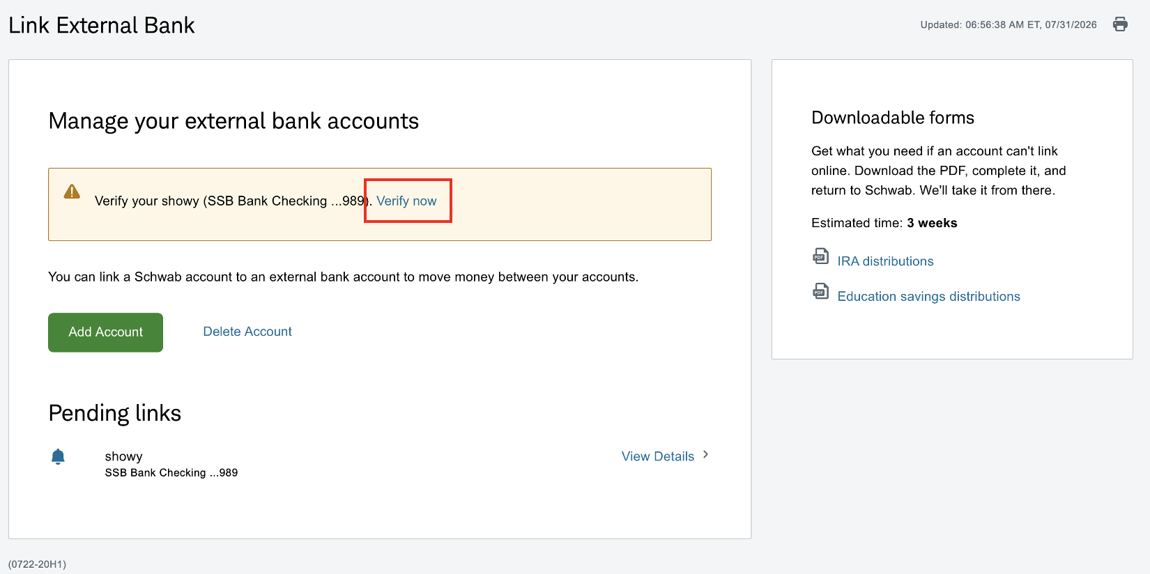 External Accounts page