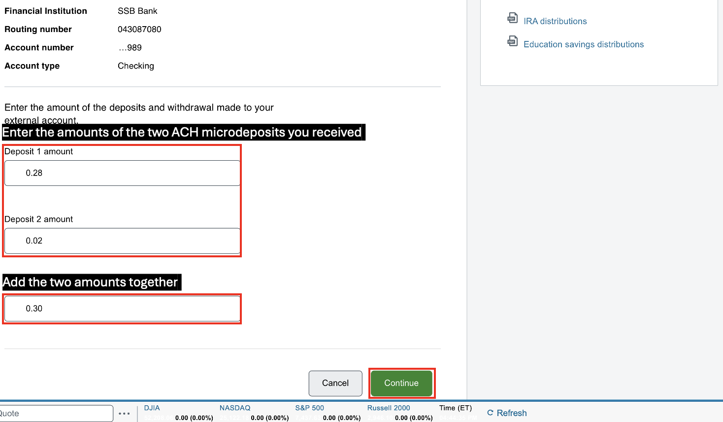 Confirm the micro-deposit amounts