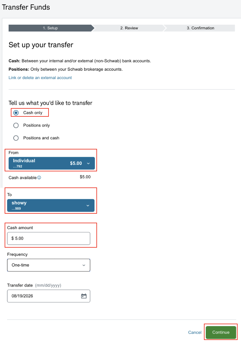 Select the From and To accounts