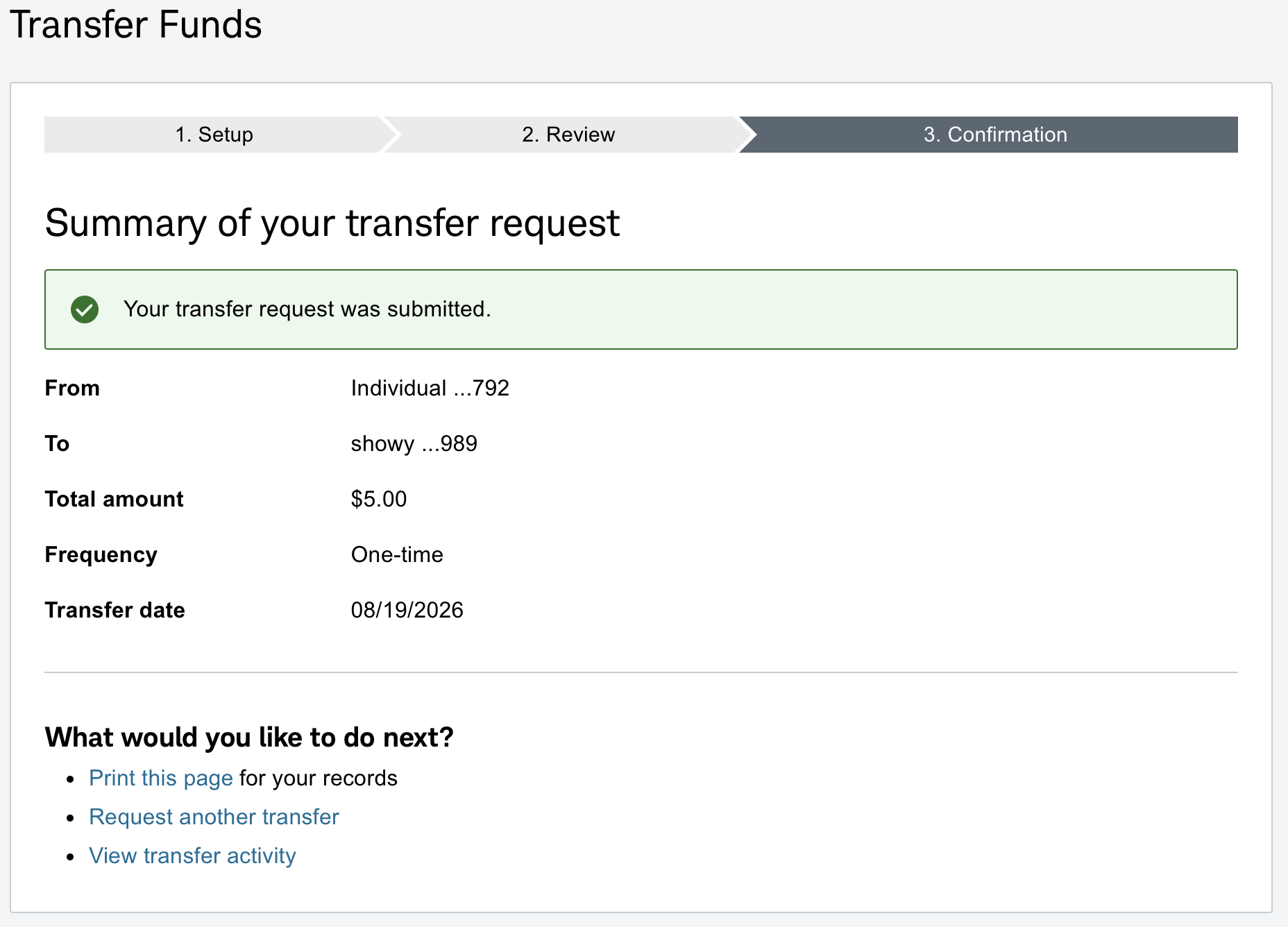 Review the withdrawal transfer