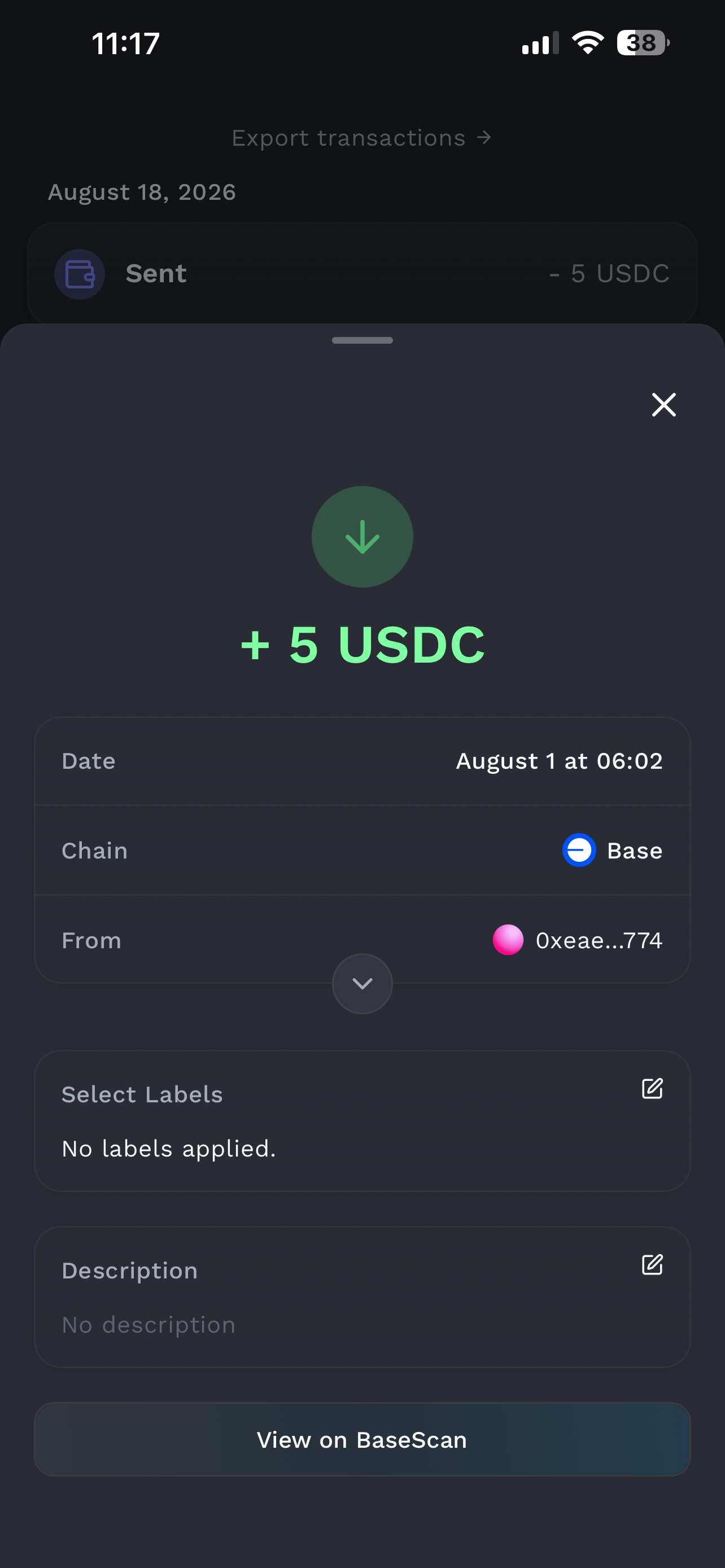 Funds shown in Fluidkey transaction history