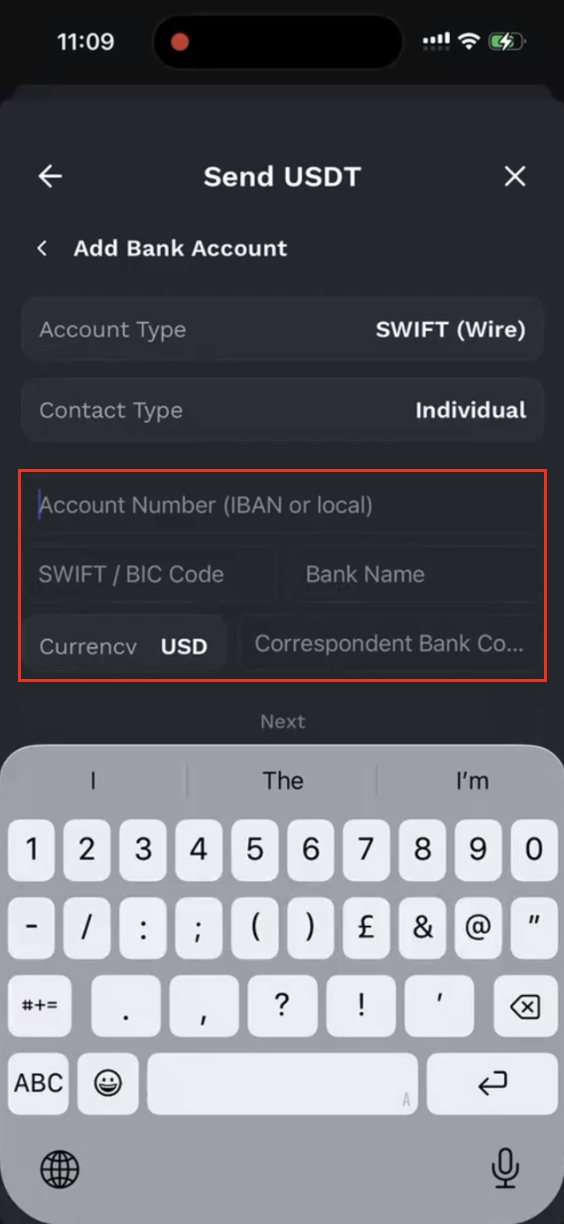 Enter recipient bank information continued