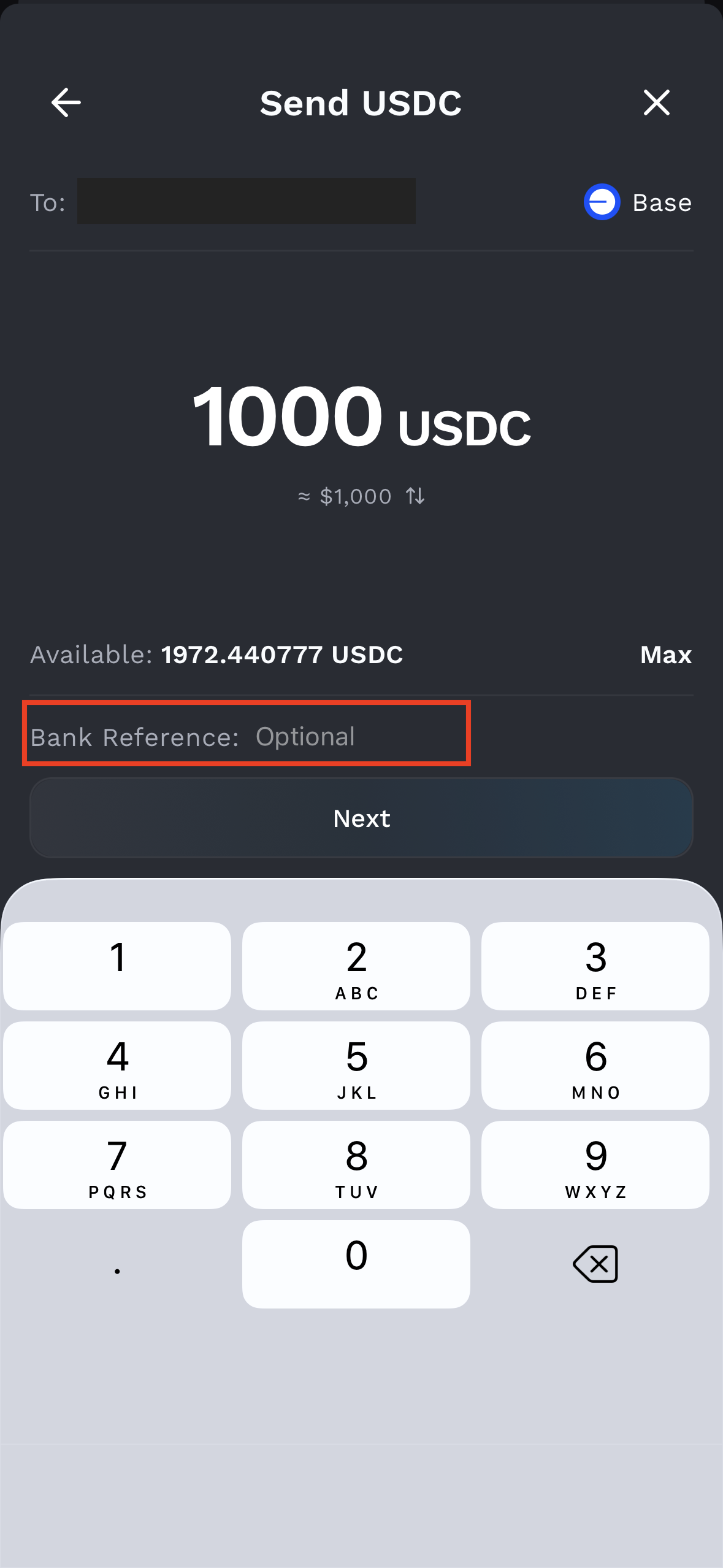 Enter the transfer amount and bank reference